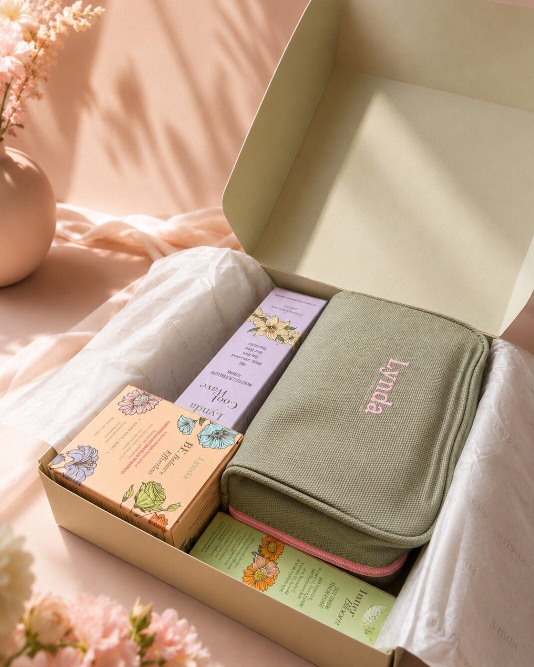 LYNDA Essential Kit aperto con Be Balance Effortless, Cool Wave, Inner Bloom e Beauty Bag Lynda