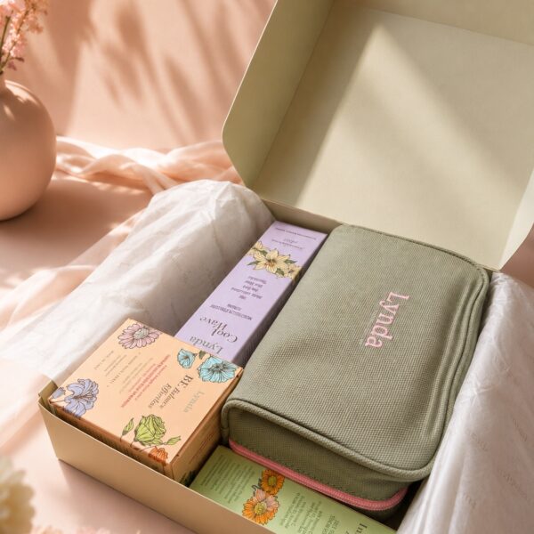 LYNDA Essential Kit aperto con Be Balance Effortless, Cool Wave, Inner Bloom e Beauty Bag Lynda