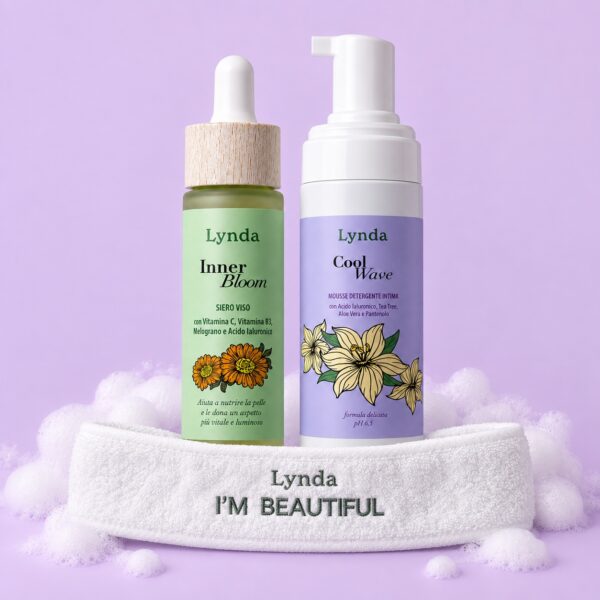 Bundle Back to School Lynda: siero viso Inner Bloom, mousse detergente intima Cool Wave e fascetta Lynda