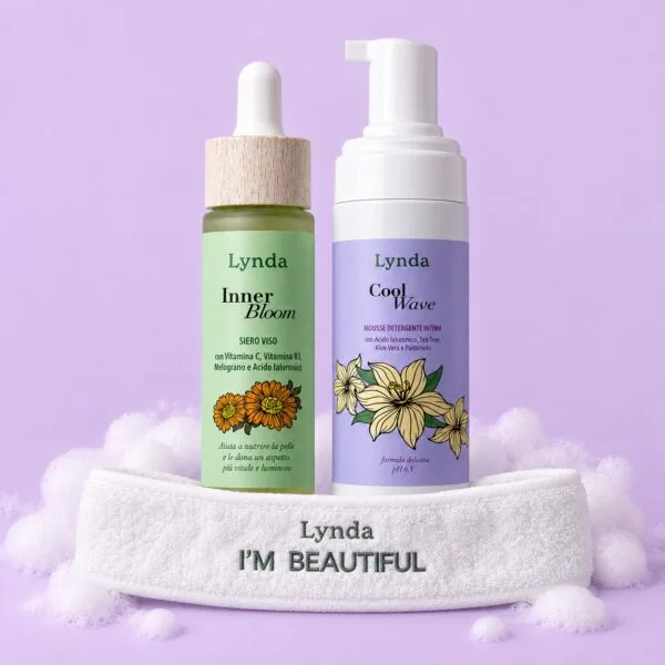 Bundle Back to School Lynda: siero viso Inner Bloom, mousse detergente intima Cool Wave e fascetta Lynda
